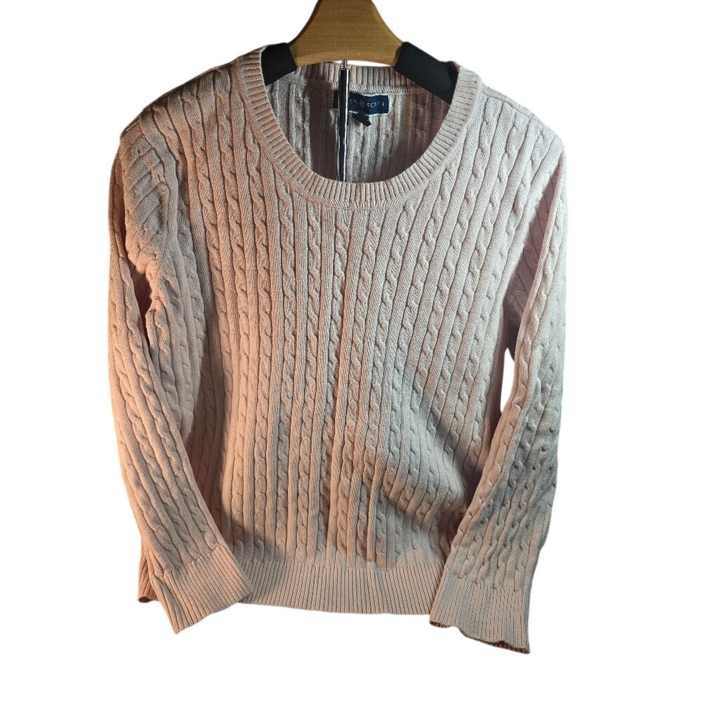 Karen Scott Womens XL Light Pink Cable Knit Cotton Crewneck Sweater Long Sleeve